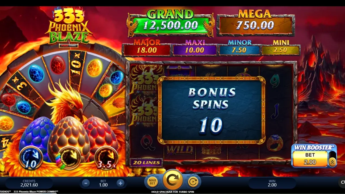 Visual bertema phoenix dan lava dari slot 333 Phoenix Blaze Power Combo